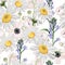 Seamless pattern with chamomile camomile, leaves, and anemones flowers.