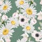 Seamless pattern with chamomile camomile, leaves, and anemones flowers on green background.