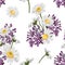 Seamless pattern with chamomile camomile, leaves, and lilac flowers.