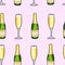 Seamless pattern champagne bottle and glass. Pink background. Cartoon style. Hand drawing. Vector illustration.