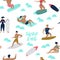 Seamless Pattern with Characters People Surfing at the Beach. Man and Woman Cartoon Surfers. Water Sport Concept
