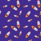 Seamless pattern. Charming bright rockets against the dark blue background of the cosmos and the stars. Children`s