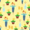 Seamless pattern charming scarecrow, flower pots, gardening gloves and a shovel in a cartoon children\\\'s style.