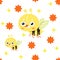 Seamless pattern with cheerful bees and flowers on white background. Childish pattern with bees