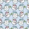 Seamless pattern of cheerful drawn snowmen standing in rows and looking at snowfall