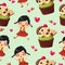 Seamless pattern cheerful girl with cupcake