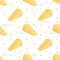 Seamless pattern with cheese and pieces on a white background. Dairy farm product. Cute print for textiles, paper and