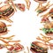 Seamless pattern with cheeseburgers, pizza and french fries