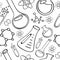 Seamless pattern of chemical equipment doodles: flasks, atoms, structures