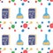 Seamless pattern with chemistry flask, molecule structure and book