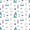 Seamless pattern with chemistry and physics laboratory equipment. Backdrop with measuring tools for scientific