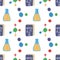 Seamless pattern with chemistry triangle flask, molecule structure and book