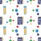 Seamless pattern with chemistry tube, molecule structure and book