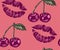 Seamless pattern with cherries and lipstick. Hand drawing decorative background. Vector pattern. Print for textile, cloth, wallpap