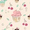 Seamless pattern, cherries, mint and cupcakes
