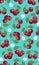 Seamless pattern cherry fruits with blossom flower, Fresh organic food, Red fruits berry pattern on green.