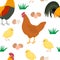 Seamless pattern chicken rooster chickens feed nest eggs grass vector illustration