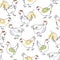 Seamless pattern with chickens and roosters. Rooster and hens drawn in one line.
