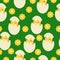 Seamless pattern of chicks in eggshells and cute flowers on a dark green background