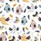 Seamless pattern with chicks and leaves - vector illustration, eps