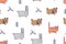 Seamless pattern, childish animals illustration. Cute cat, funny bear, rabbit on white. Kawaii cartoon character. Baby