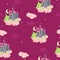 Seamless pattern with childish illustration of a castle with a sleeping dragon. Vector graphics