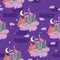 Seamless pattern with childish illustration of a castle with a sleeping dragon. Vector graphics