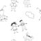 Seamless pattern with children's sketches. Funny caricatures of children. Sketches with children playing. A small child