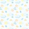 Seamless pattern on a children`s theme, clouds with raindrops, the sun and a boat on a light background