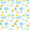 seamless pattern on a children`s theme, clouds with raindrops, the sun and a boat on a light background