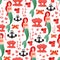 Seamless pattern for children textile or wrapping paper in marine style with colourful mermaid princess, crab