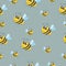 Seamless pattern children. Yellow bumblebees and bees. Grey background. Cartoon style. Cute and funny. Summer or spring. Textile,