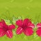 Seamless pattern with Chinese Hibiscus flower in red and stripes on the green background