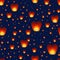 Seamless pattern with Chinese lanterns flying in night sky. Backdrop with traditional Asian decorations for mid autumn