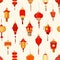 Seamless pattern with Chinese street lanterns on light background. Backdrop with beautiful oriental holiday decorations