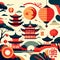 Seamless pattern with chinese temples and lanterns. Vector illustration generative AI