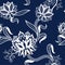 Seamless pattern with Chinese white flowers on blue background. Vector.