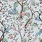 Seamless pattern in chinoiserie style with peonies trees and birds . Vector,