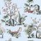 Seamless pattern in chinoiserie style with storks, birds and peonies. Vector,