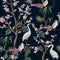 Seamless pattern in chinoiserie style with storks, birds and peonies. Vector,