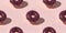 Seamless pattern: chocolate 3D donut on a beige background is a realistic sweet dessert with a top. 3D rendering
