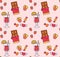 Seamless pattern with chocolates, sweets, mulled wine, cupcake, strawberries, hearts on a pink background. Print for