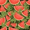 Seamless pattern of chopped slices of watermelon with green leaves flat vector illustration on black background