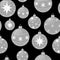 Seamless pattern Christmas decorations gray balls white snowflakes on stars a black background vector illustration