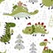 Seamless pattern with Christmas dinosaurs