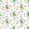 Seamless pattern with Christmas elfes girls, candy cane, sweets, tree balls. New year Xmas backgrounds and textures. For greeting