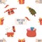 Seamless Pattern With Christmas Enchanting Items, Festive Decor, Santa Claus Costume, Decorated Pine Tree, And Garland