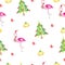 Seamless pattern with Christmas flamingos and Christmas tree - festive theme vector