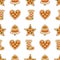 Seamless pattern with Christmas gingerbread cookies - bell, xmas stocking, star, heart.