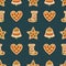 Seamless pattern with Christmas gingerbread cookies - bell, Xmas stocking, star, heart.